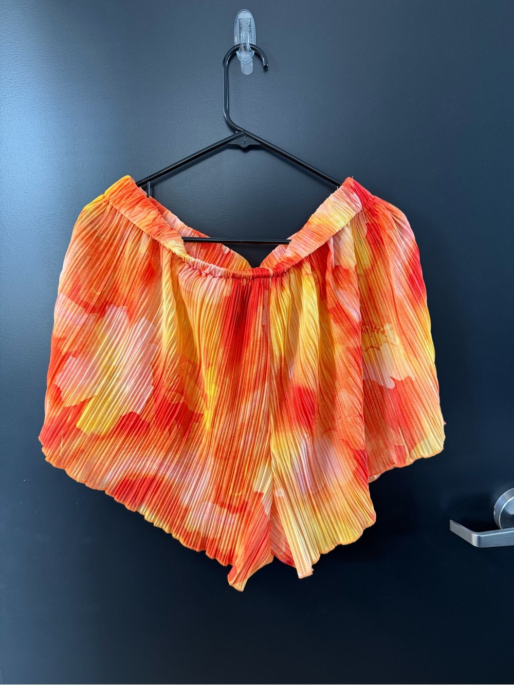 SHEIN Pleated Tie-Dye High Waist Shorts — Orange & Yellow